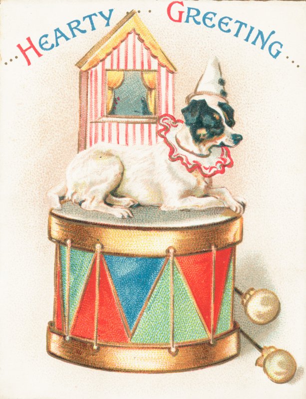 Clown Dog na zabawkowym bębnie, kartka bożonarodzeniowa autorstwa English School