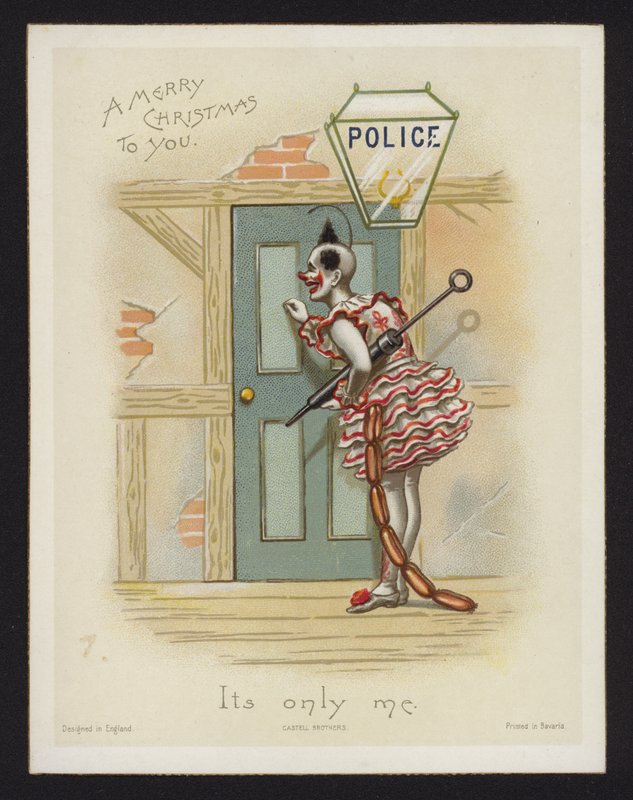Klaun pukający do drzwi posterunku policji (chromolitho) autorstwa English School