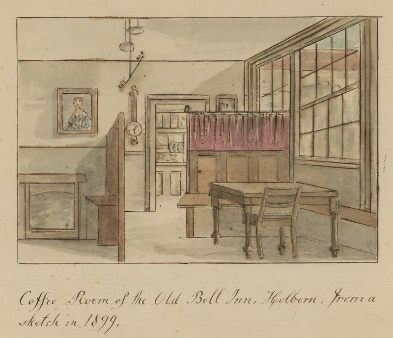 Kawiarnia Old Bell Inn, Holborn, Londyn, ze szkicu z 1899 r. (wc na papierze) autorstwa English School