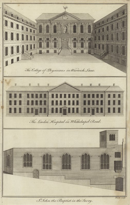 College of Physicians przy Warwick Lane, londyński szpital przy Whitechapel Road i kościół św. Jana Chrzciciela w Savoy w Londynie autorstwa English School