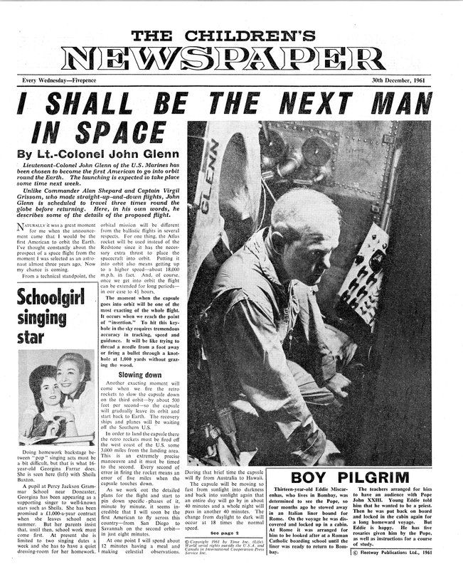 Pułkownik John Glenn, pierwsza strona „Gazety Dziecięcej”, 1961 (druk gazetowy) autorstwa English School