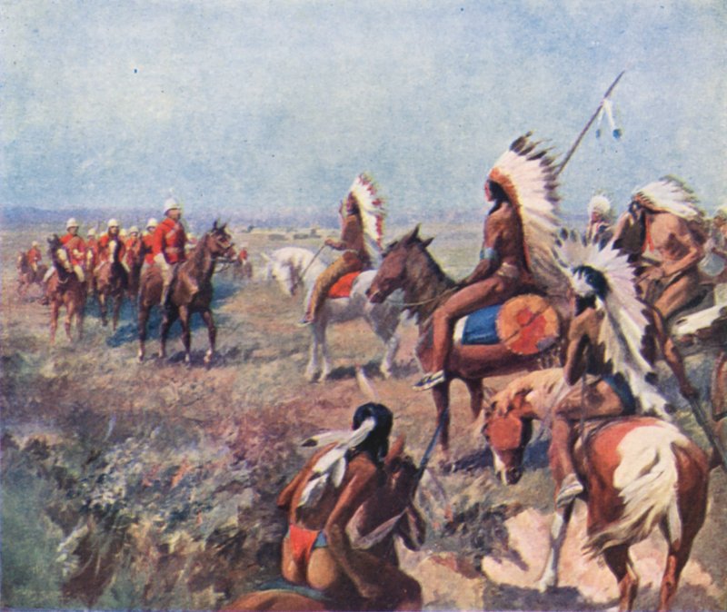 Pułkownik Macleod z Królewskiej Północno-Zachodniej Policji Konnej rozmawiający z Indianami w Fort Macleod (kolorowa litografia) autorstwa English School