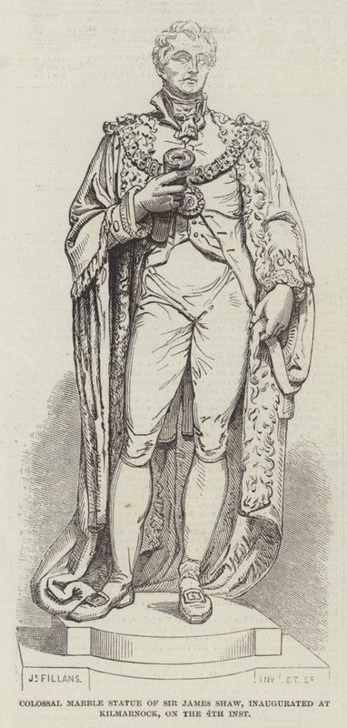 Kolosalna marmurowa statua sir Jamesa Shawa, zainaugurowana w Kilmarnock, 4 dnia (grawerowanie) autorstwa English School