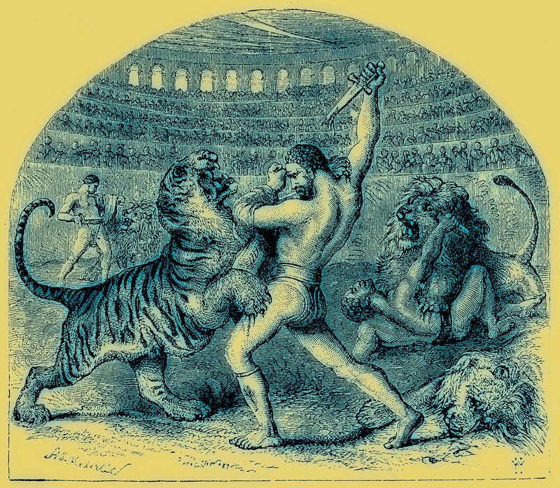 Walka gladiatorów z dzikimi zwierzętami, ilustracja z Ilustrowanej Historii Świata, wydana ok. 1880 r. (obraz ulepszony cyfrowo) autorstwa English School