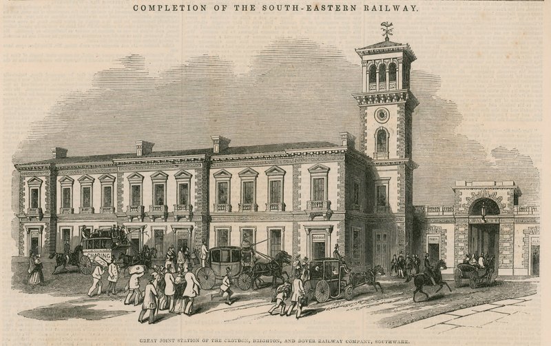 Ukończenie kolei południowo-wschodniej: Wielka wspólna stacja Croydon, Brighton and Dover Railway Company, Southwark, Londyn autorstwa English School