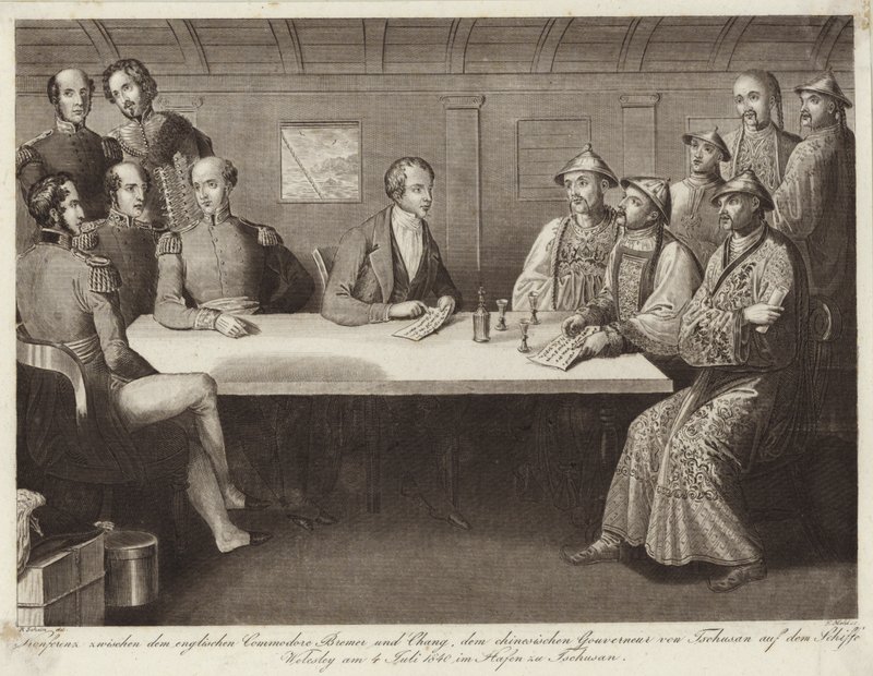 Konferencja w Chusan pomiędzy komandorem Bremerem a chińskim urzędnikiem na HMS Wellesley 4 lipca 1841 r. autorstwa English School