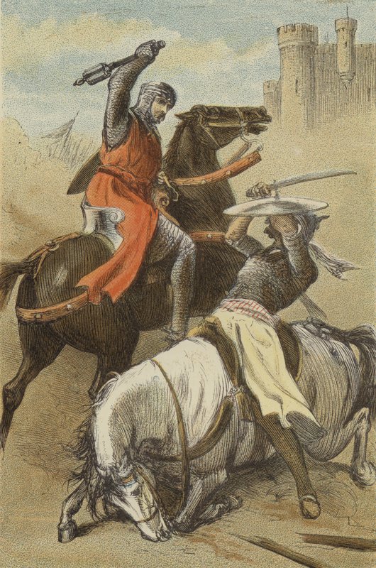 Konflikt Godfreya de Bouillon z Saracenami w Antiochii (kolorowy grawerunek) autorstwa English School