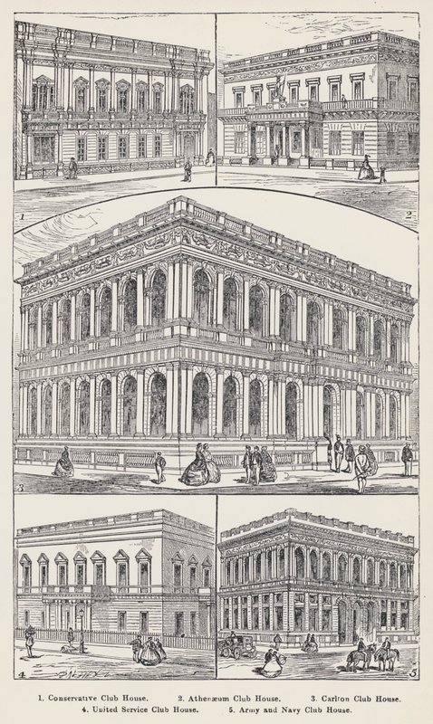 Conservative Club House, Athenaeum Club House, Carlton Club House, United Service Club House, Army and Navy Club House (grafika) autorstwa English School