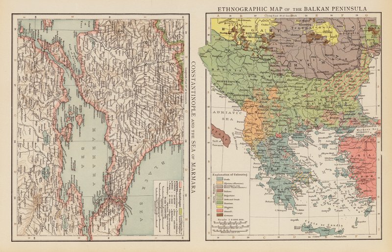 Konstantynopol i Morze Marmara; Mapa etnograficzna Półwyspu Bałkańskiego (kolorowa litografia) autorstwa English School