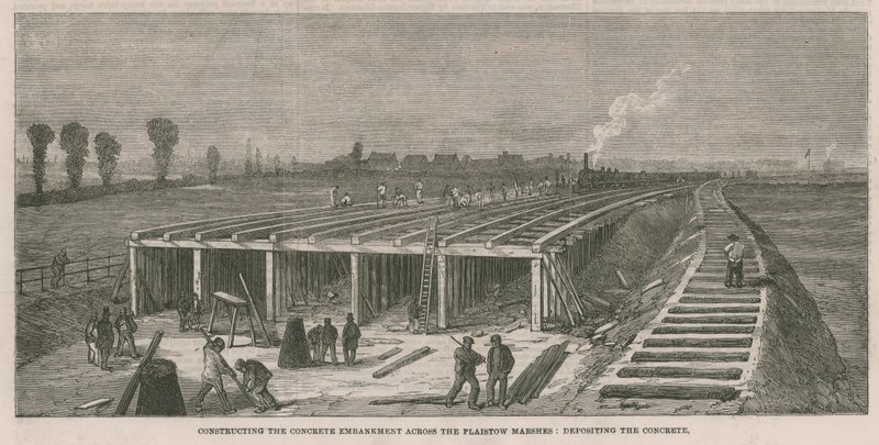 Budowa nasypu betonowego przez bagna Plaistow autorstwa English School