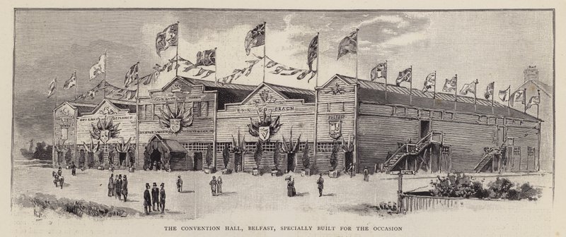 Convention Hall w Belfaście, zbudowana na konwencję Ulster Unionist Convention z 1892 roku, która miała zademonstrować sprzeciw ulsterskich Unionistów wobec irlandzkiej samorządności (lito) autorstwa English School