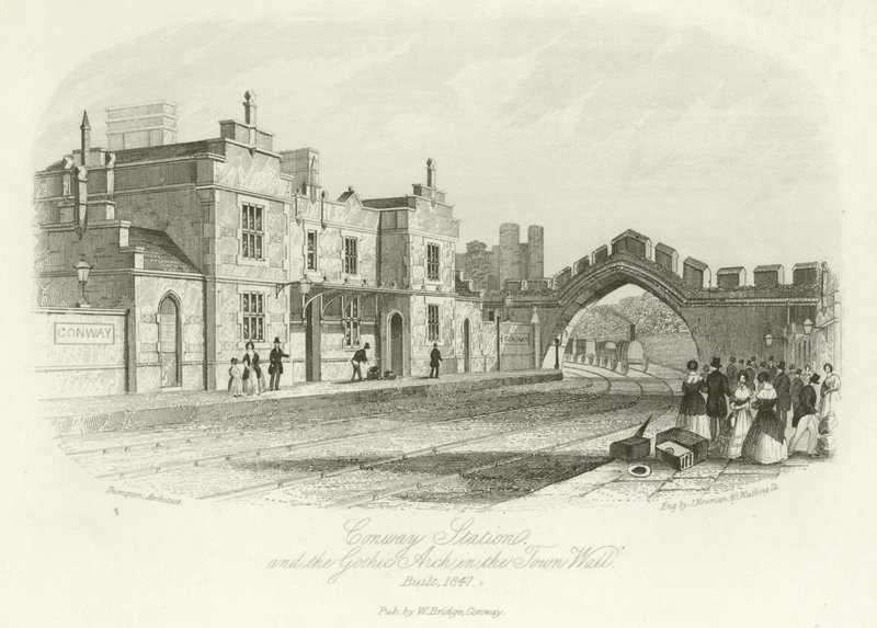Stacja Conwy i gotycki łuk w murze miejskim z 1847 r. autorstwa English School