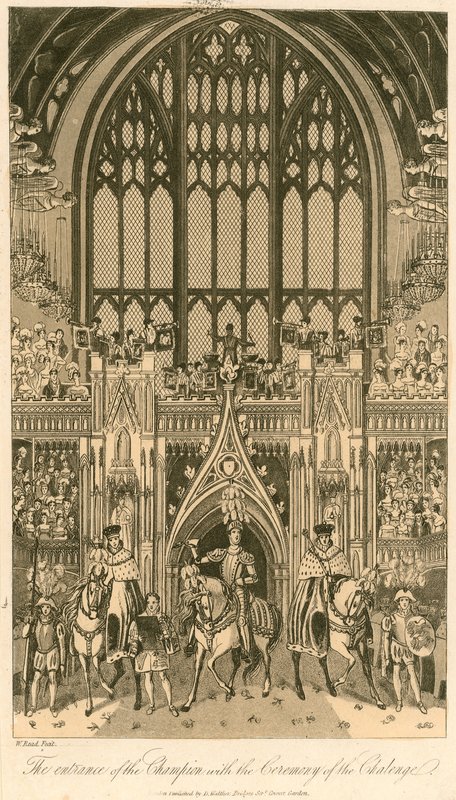 Bankiet koronacyjny króla Jerzego IV w Westminster Hall, 17 lipca 1821; Wejście Mistrza z Ceremonią Wyzwania autorstwa English School