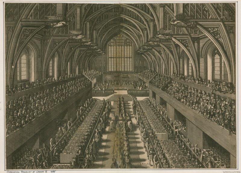 Bankiet koronacyjny Jakuba II, 1685, w Westminster Hall w Londynie autorstwa English School