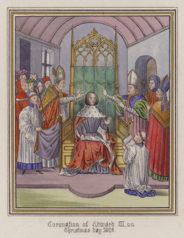 Koronacja króla Edwarda III w Boże Narodzenie 1326 r. (kolorowy grawerunek) autorstwa English School