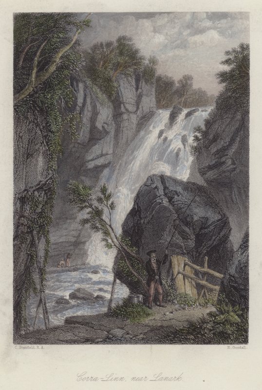 Corra Linn, niedaleko Lanark, Szkocja (kolorowy grawerunek) autorstwa English School