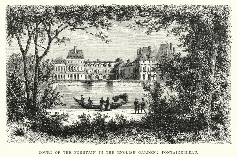 Dziedziniec Fontanny w Ogrodzie Angielskim, Fontainebleau (rycina) autorstwa English School
