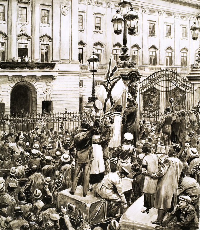 Tłumy przed Pałacem Buckingham dopingują króla Jerzego V w Dzień Rozejmu? autorstwa English School