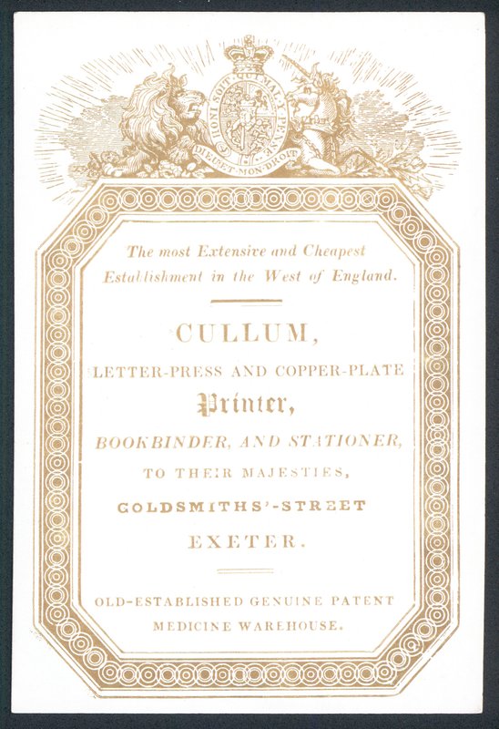 Cullum, Letter-Press i Copper-plate Printer, karta handlowa autorstwa English School