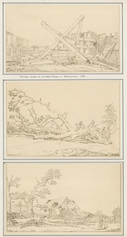 Uszkodzenia spowodowane przez Wielką Burzę w Roehampton, 1780 (atrament na papierze) autorstwa English School