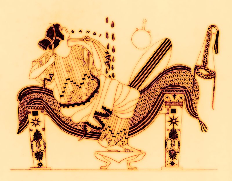 Danae i złoty deszcz, ilustracja z „Greek Vase Paintings” J.E. Harrisona i D.S. MacColla, opublikowana w 1894 r. autorstwa English School