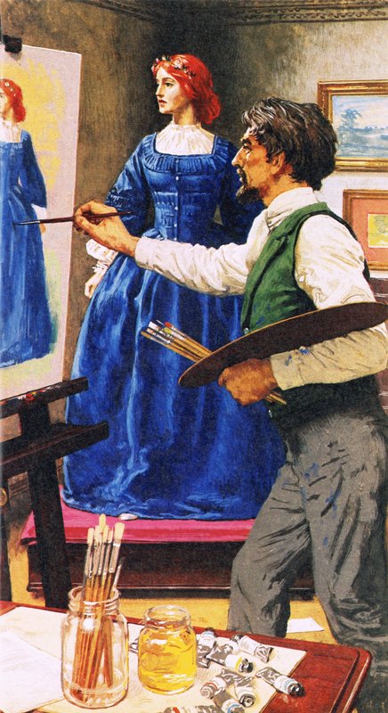 Dante Gabriel Rossetti malujący Elizabel Siddal, późniejszą jego żoną autorstwa English School