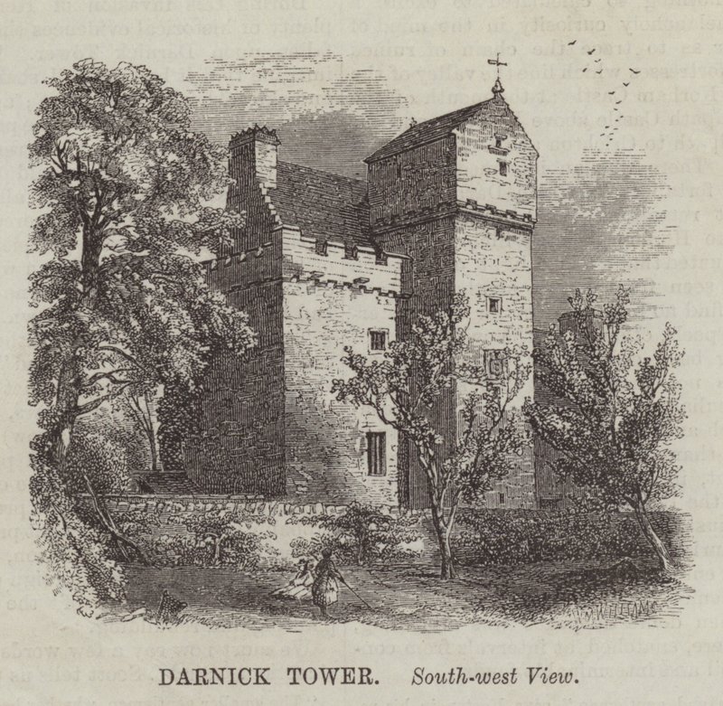Darnick Tower, widok południowo-zachodni (grawerunek) autorstwa English School
