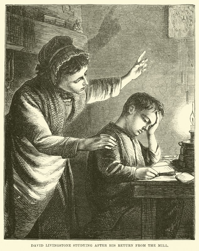 David Livingstone studiujący po powrocie z młyna autorstwa English School