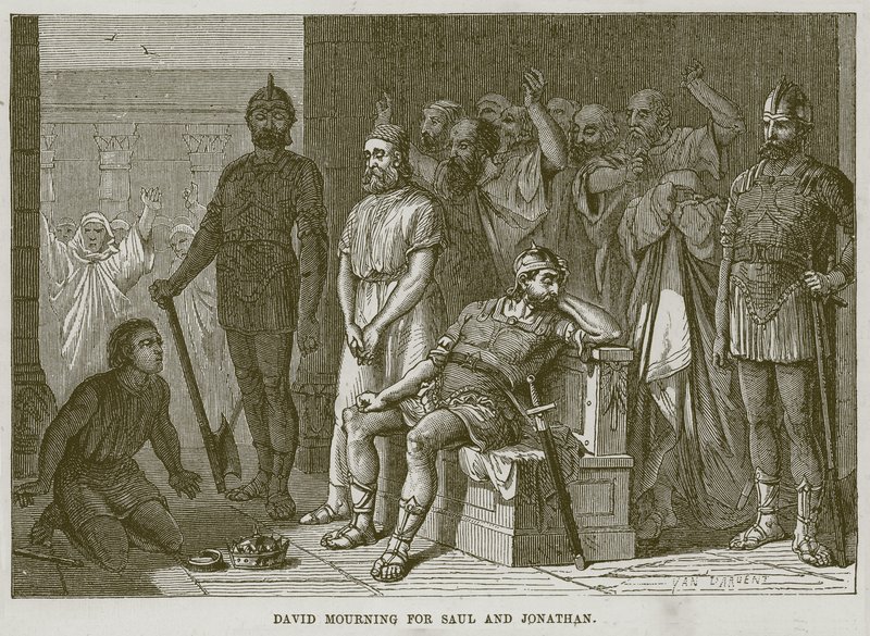 Dawid opłakuje Saula i Jonatana, ilustracja z The Childs Bible, ok. 1880 r. autorstwa English School