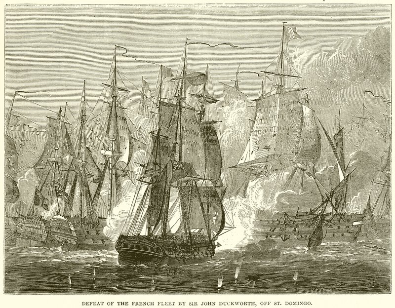 Klęska francuskiej floty przez Sir Johna Duckwortha przy St. Domingo autorstwa English School