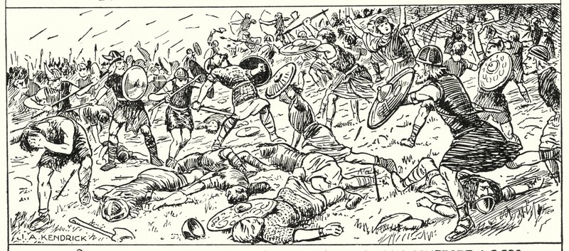 Klęska Sasów Zachodnich pod Mount Budon, Somerset, AD 500 (litografia) autorstwa English School