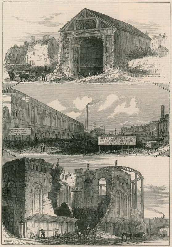 Rozbiórki pod rozbudowę Great Eastern Railway do Broad Street autorstwa English School