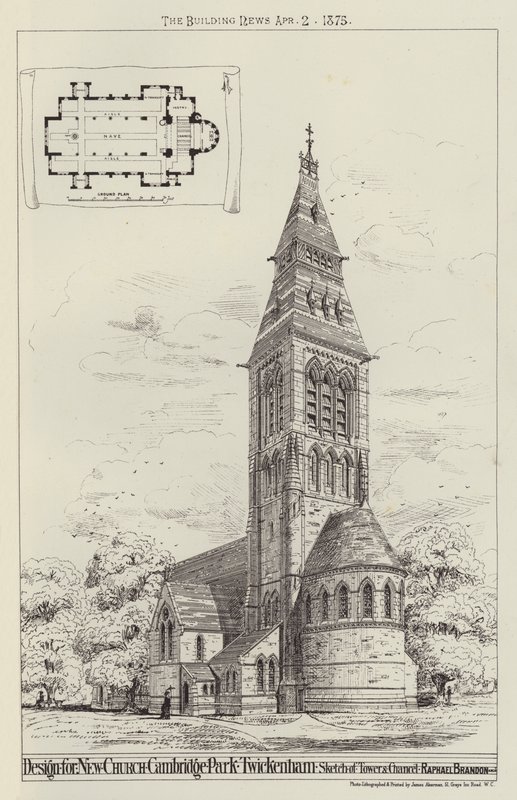 Projekt dla New Church, Cambridge Park, Twickenham, Szkic wieży i prezbiterium (grawerowanie) autorstwa English School