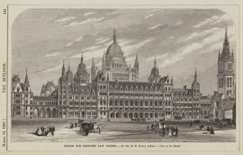 Design for Proposed Law Courts, Mr E M Barry, ARA, View in the Strand (grawerunek) autorstwa English School