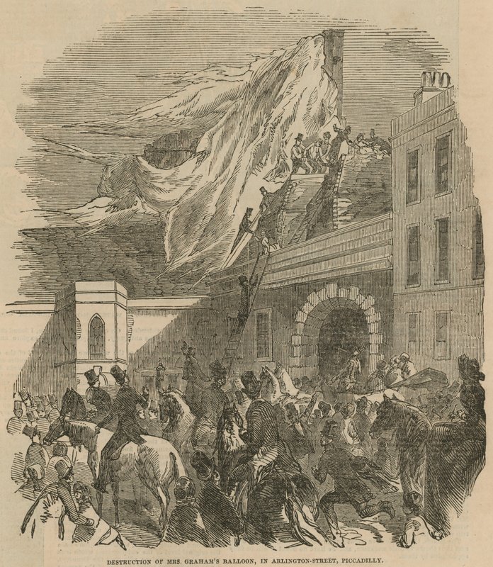 Zniszczenie balonu pani Grahams na Arlington Street, Piccadilly autorstwa English School