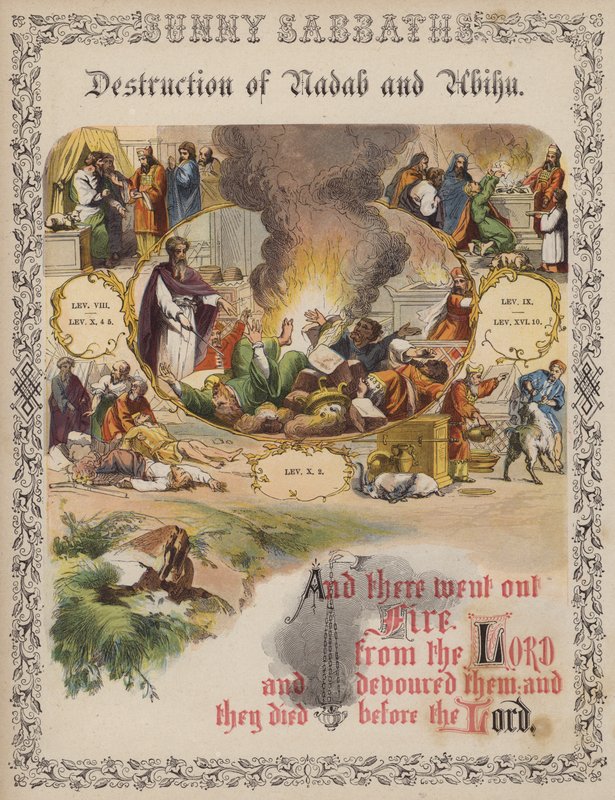 Zniszczenie Nadab i Abihu (kolorowy grawerunek) autorstwa English School