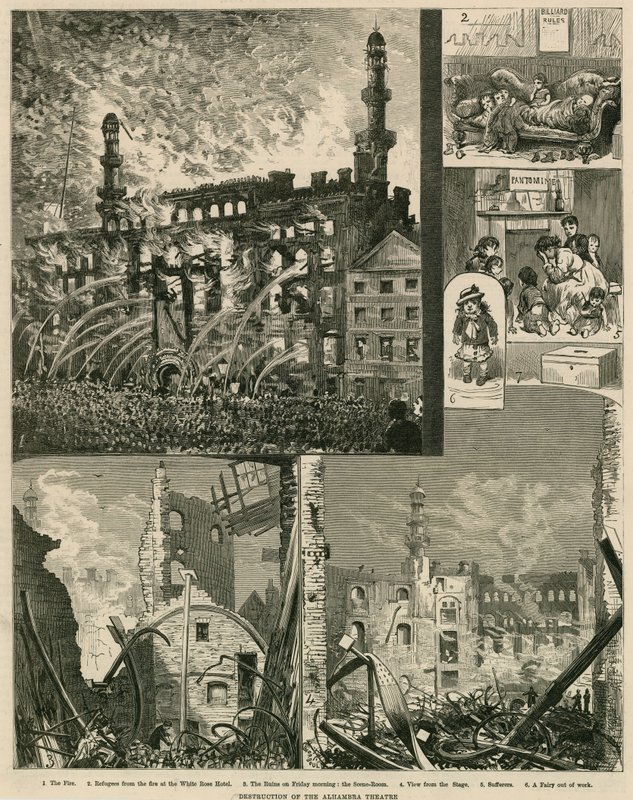 Zniszczenie teatru Alhambra w Londynie, 7 grudnia 1882 r autorstwa English School