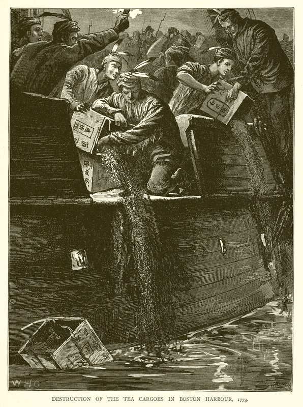 Zniszczenie Tea Cargoes w Boston Harbour, 1773 autorstwa English School