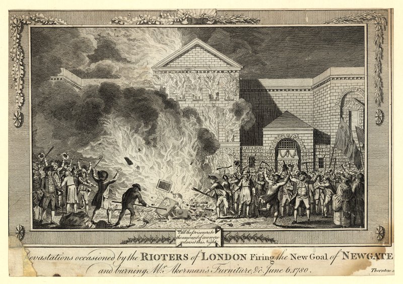 Zniszczenia spowodowane przez buntowników z Londynu wypalenie nowego więzienia Newgate i spalenie mebli pana Akermansa, 6 czerwca 1780 autorstwa English School