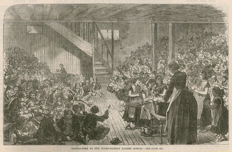 Pora obiadowa w obdartej szkole Clare Market, Boże Narodzenie 1869 autorstwa English School