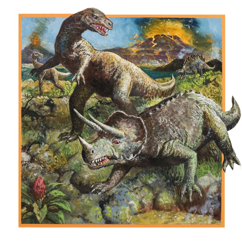 Dinozaury z wulkanem (gwasz na papierze) autorstwa English School
