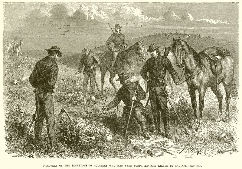 Odkrycie szkieletów żołnierzy, którzy zostali zaskoczeni i zabici przez Indian (czerwiec 1867) autorstwa English School