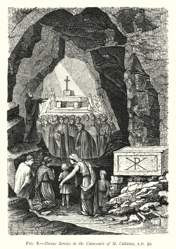 Nabożeństwo Boże w katakumbach św Kaliksta, AD 50 (rycina) autorstwa English School
