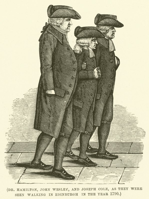 Dr Hamilton, John Wesley i Joseph Cole podczas spaceru w Edynburgu w 1790 roku (rycina) autorstwa English School