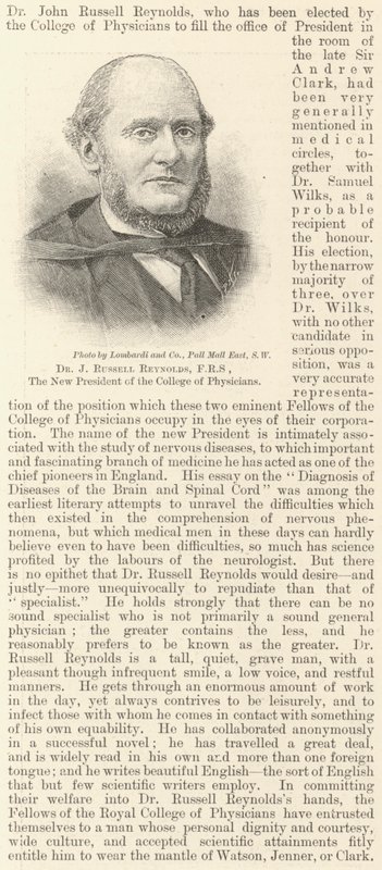 Dr J Russell Reynolds, FRS, nowy prezes Kolegium Lekarzy (Grawerowanie) autorstwa English School