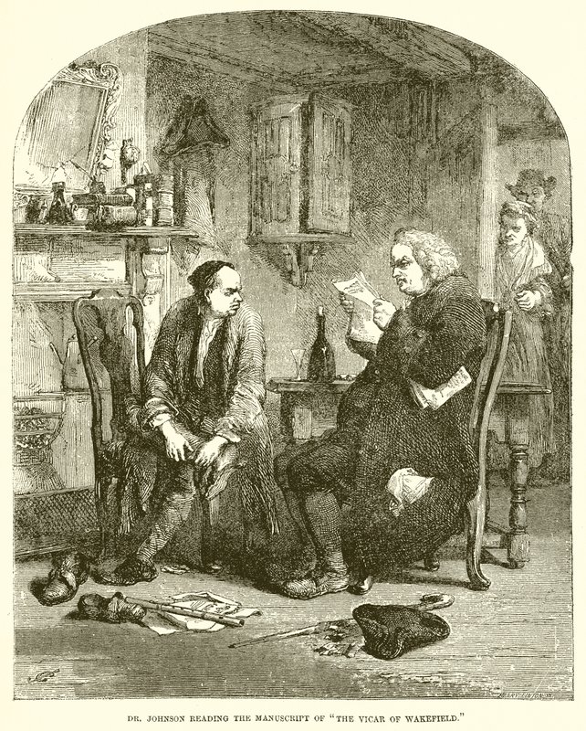 Dr Johnson czyta rękopis The Vicar of Wakefield autorstwa English School