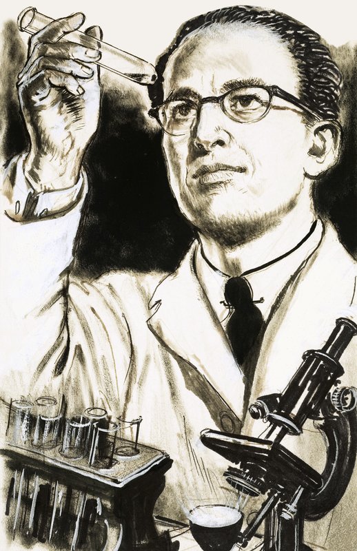Dr Jonas Salk, twórca szczepionki przeciwko polio, patrzy na probówkę autorstwa English School