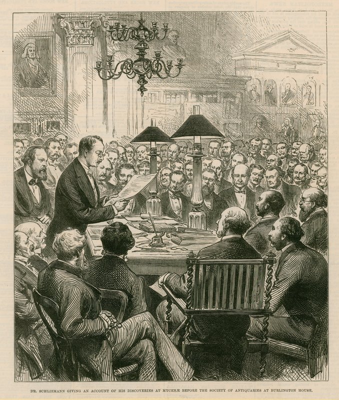 Dr Schiemann opowiada o swoich odkryciach w Mykenach przed Towarzystwem Antykwariatów w Burlington House autorstwa English School