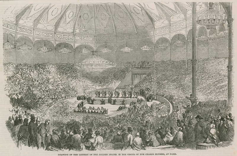 Rysunek loterii Złotej Sztabki w Circus of the Champs Elysees, Paryż, Francja autorstwa English School
