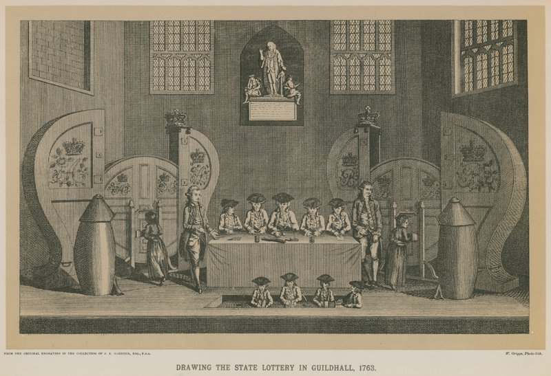 Losowanie loterii państwowej w Guildhall, 1763 autorstwa English School